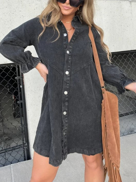 ⏰Hot Sale-Washed Denim Puff Sleeve Dress