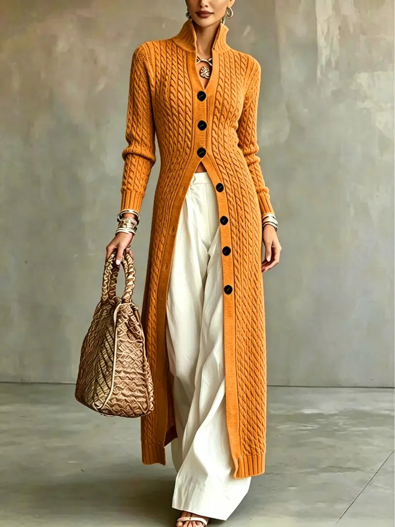 Hot Sale-Women's Stand Collar Single Button Cable Knit Long Cardigan