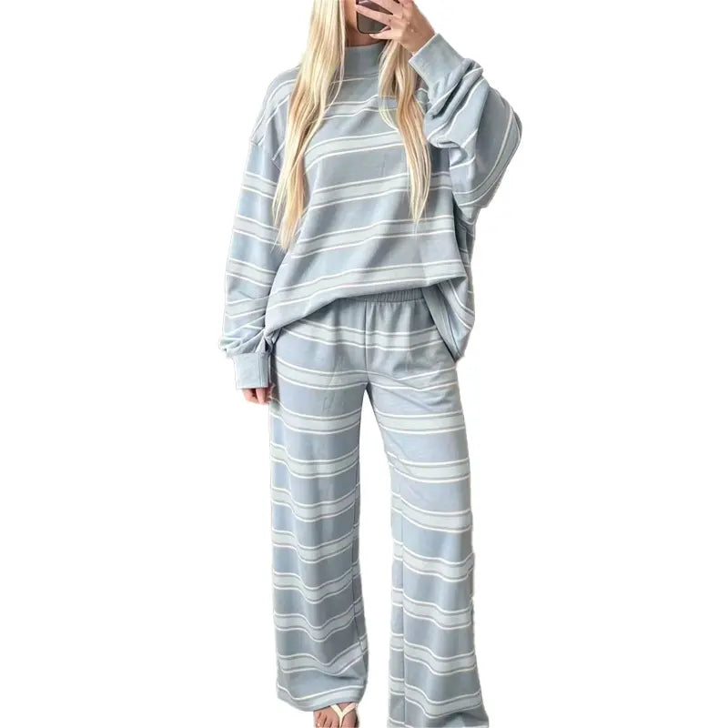 Women Striped Mock Neck 2 Piece Lounge Matching Set
