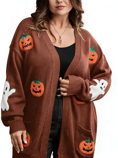 Women Casual Medium Length Pocket Halloween Embroidery Knit Open Cardigan