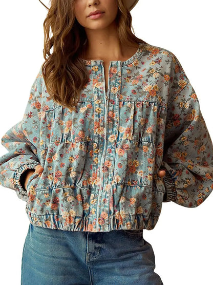 Women Y2K Floral Print Loose Zip Denim Short Jacket With Side Pockets