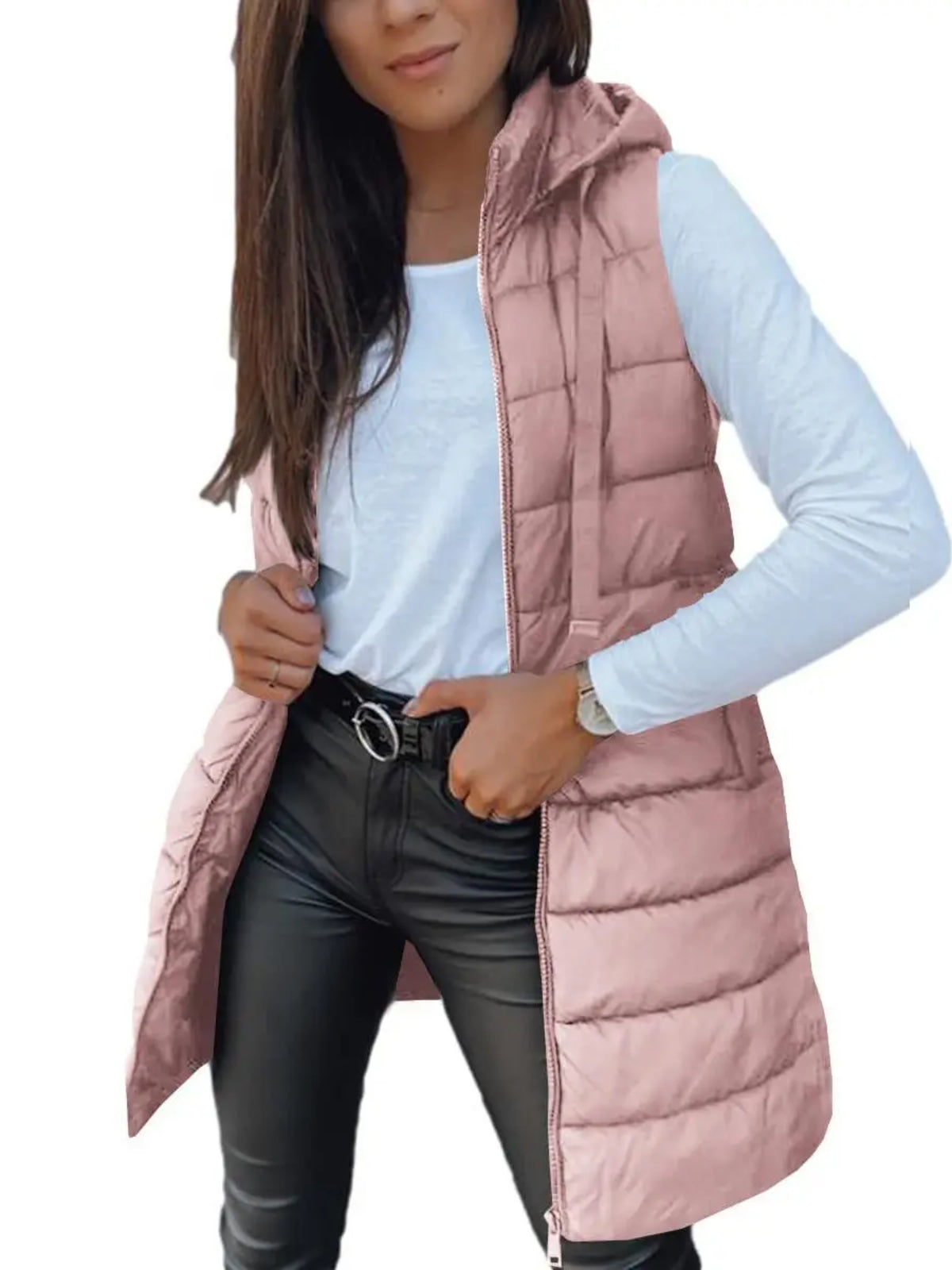 Women Solid Long Hooded Puffer Vest Side Slit Outerwear With Pockets