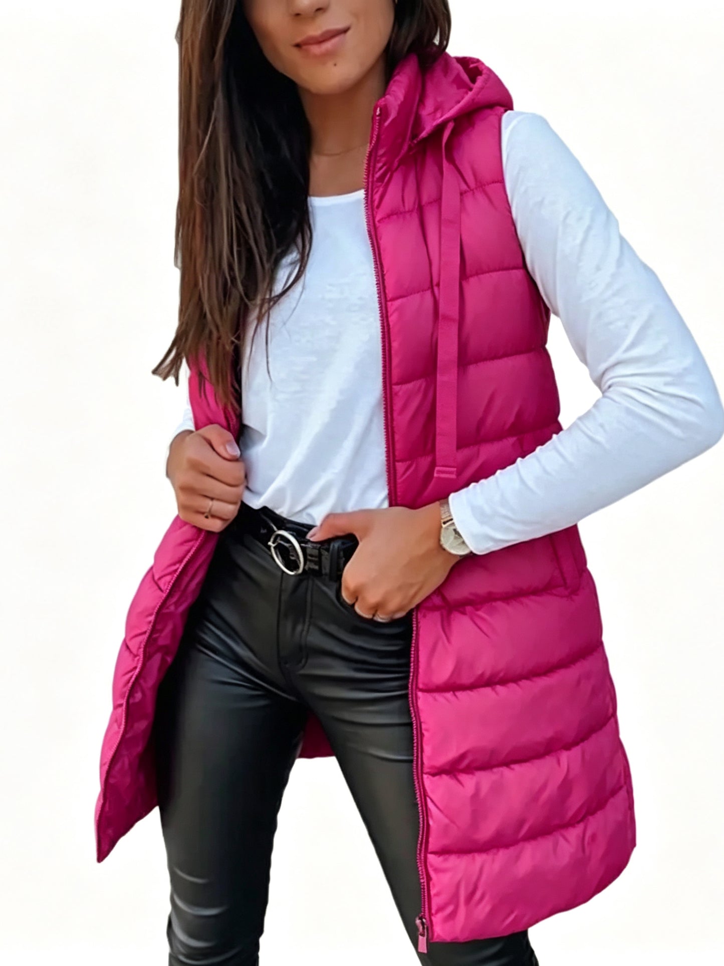 Women Solid Long Hooded Puffer Vest Side Slit Outerwear With Pockets