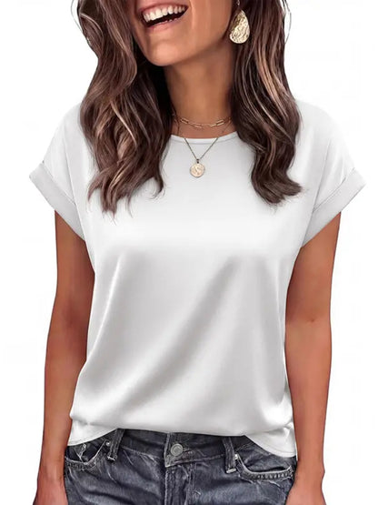Women Loose Crew‑Neck Satin Short‑Sleeve Business Casual Summer Blouse