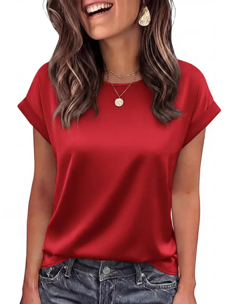 Women Loose Crew‑Neck Satin Short‑Sleeve Business Casual Summer Blouse