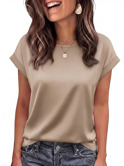 Women Loose Crew‑Neck Satin Short‑Sleeve Business Casual Summer Blouse
