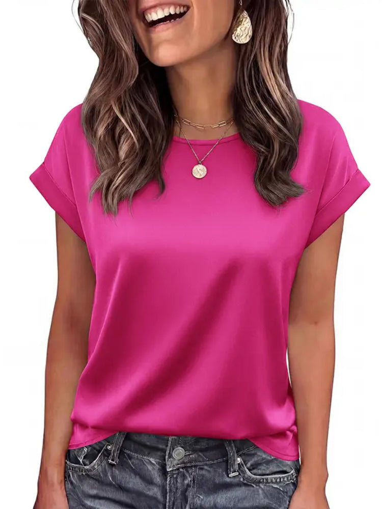 Women Loose Crew‑Neck Satin Short‑Sleeve Business Casual Summer Blouse