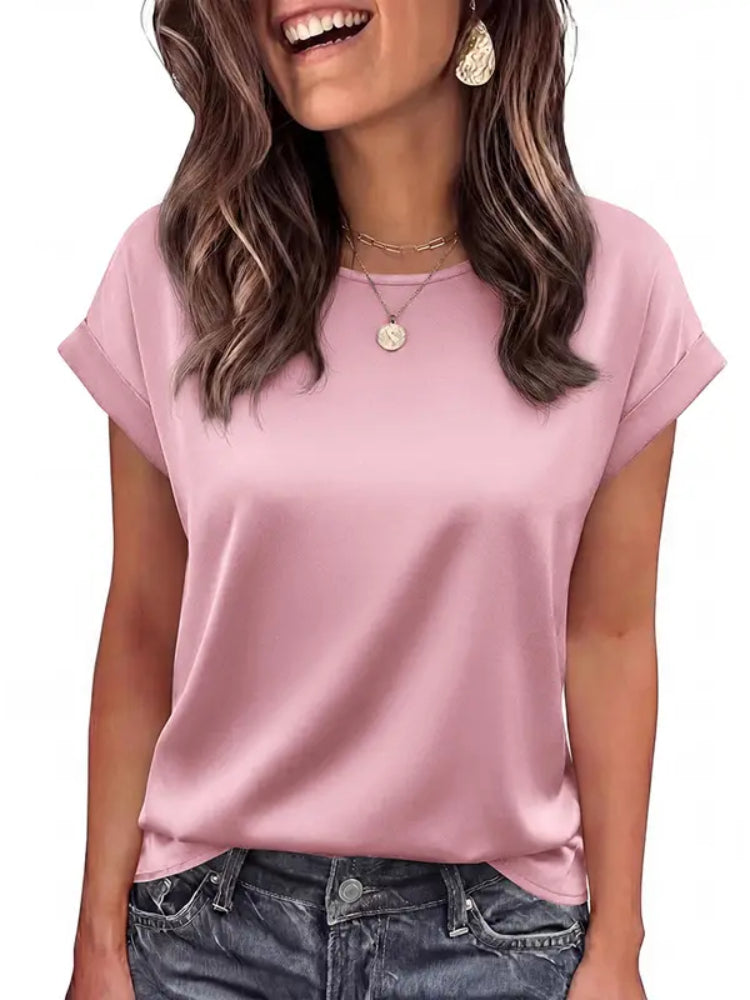 Women Loose Crew‑Neck Satin Short‑Sleeve Business Casual Summer Blouse