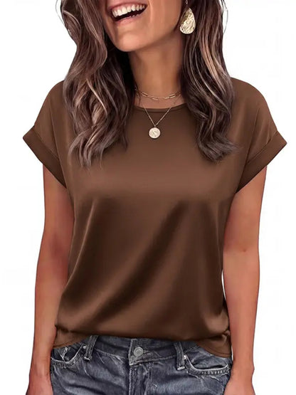 Women Loose Crew‑Neck Satin Short‑Sleeve Business Casual Summer Blouse