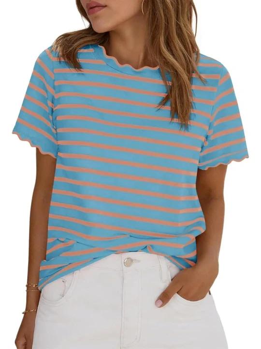 Women's Scalloped Crew Neck Striped T-Shirt
