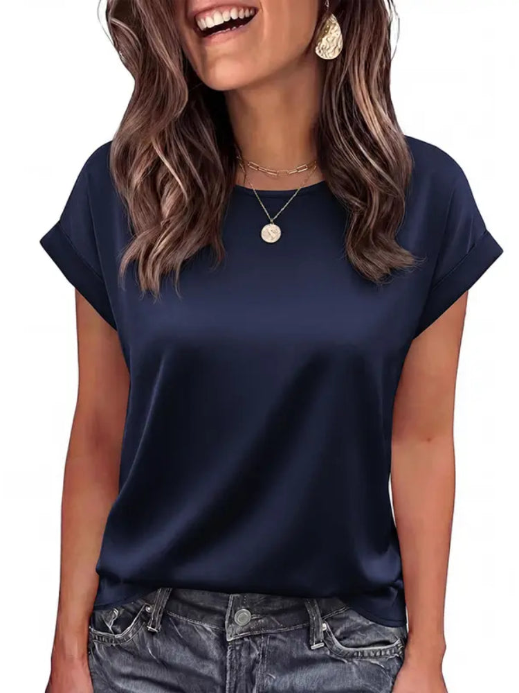 Women Loose Crew‑Neck Satin Short‑Sleeve Business Casual Summer Blouse