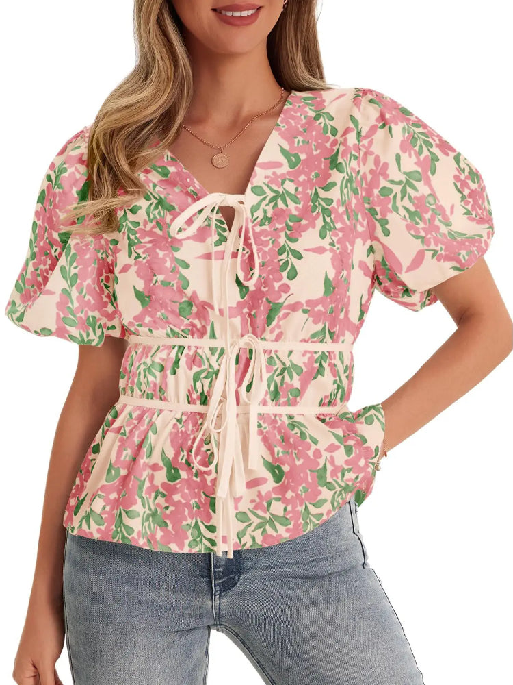 Women Floral Polka Dot Leopard Puff Sleeve V Neck Tie Front Peplum Blouse