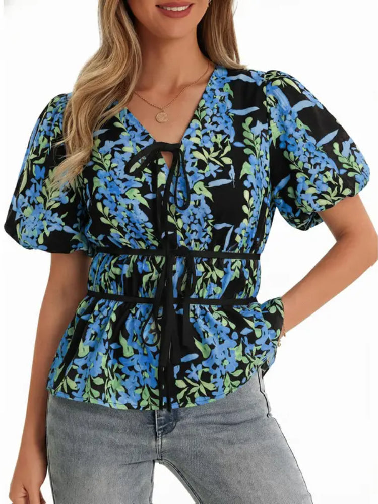 Women Floral Polka Dot Leopard Puff Sleeve V Neck Tie Front Peplum Blouse