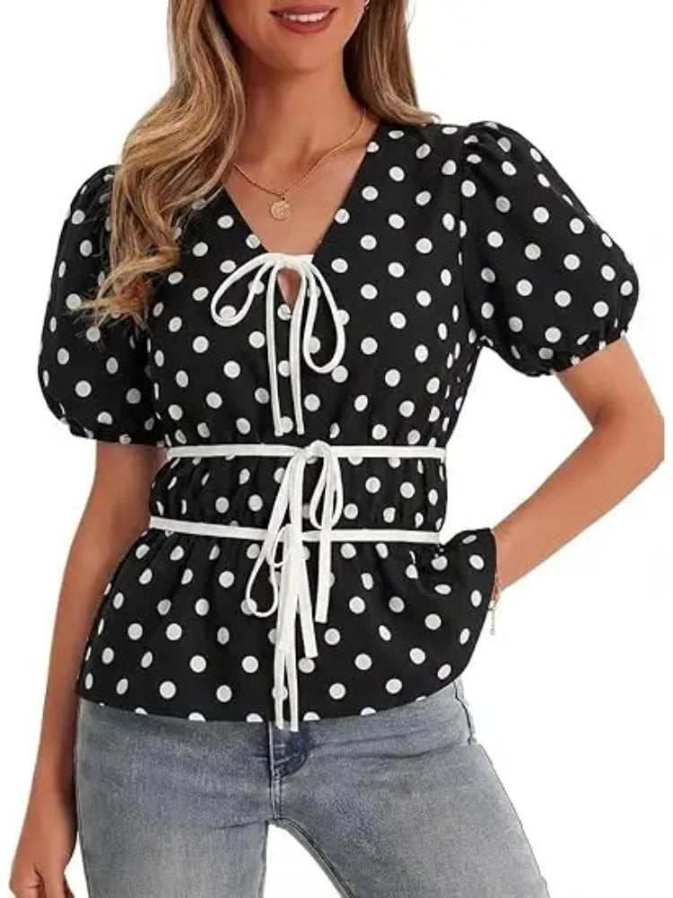 Women Floral Polka Dot Leopard Puff Sleeve V Neck Tie Front Peplum Blouse