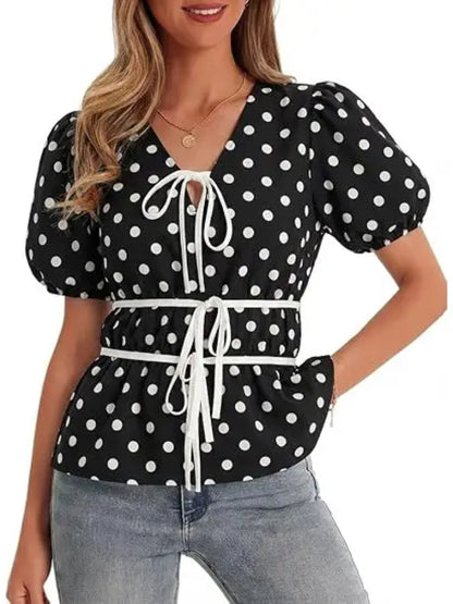 Women Floral Polka Dot Leopard Puff Sleeve V Neck Tie Front Peplum Blouse