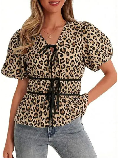 Women Floral Polka Dot Leopard Puff Sleeve V Neck Tie Front Peplum Blouse