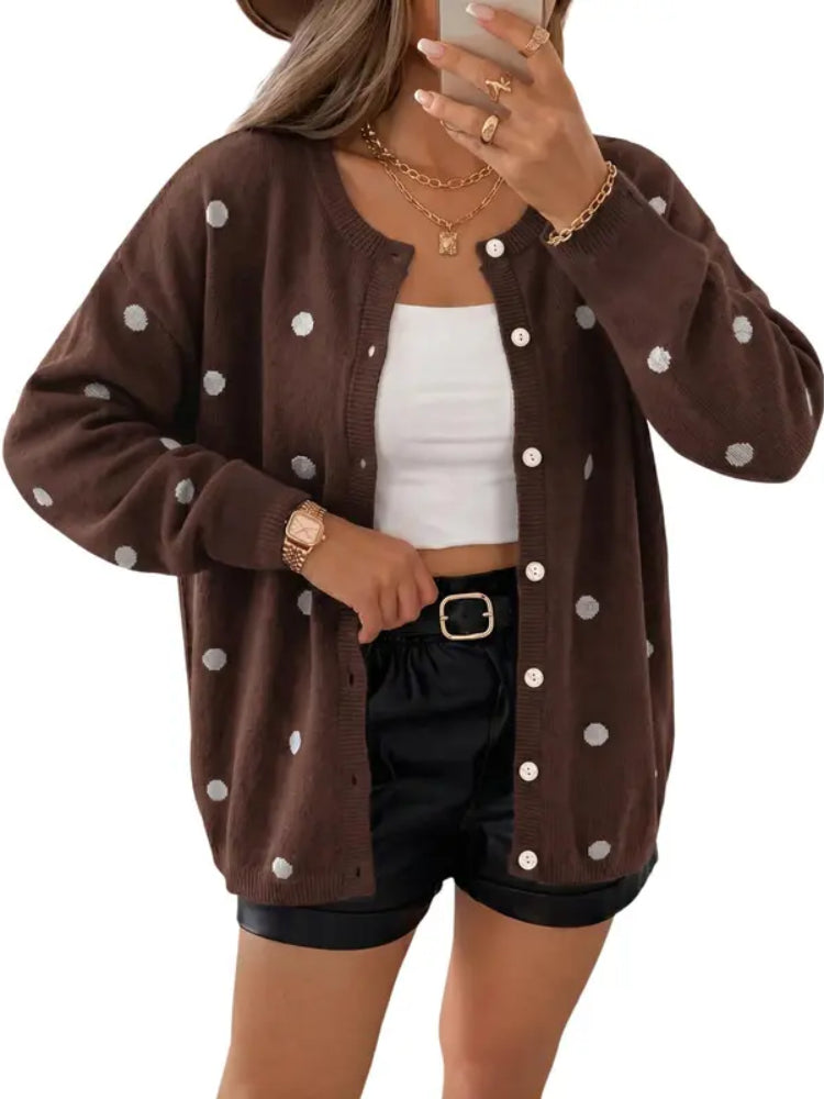 Women Casual Dot Print Open Front Oversized Knit Sweater Coat