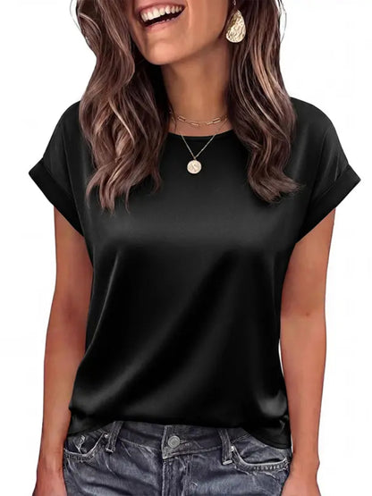 Women Loose Crew‑Neck Satin Short‑Sleeve Business Casual Summer Blouse
