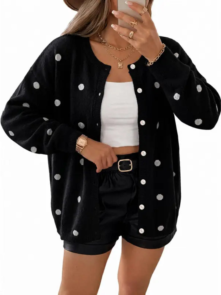 Women Casual Dot Print Open Front Oversized Knit Sweater Coat