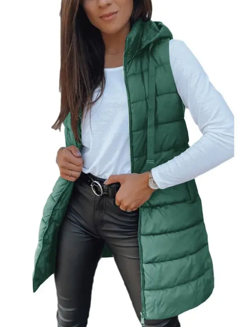 Women Solid Long Hooded Puffer Vest Side Slit Outerwear With Pockets