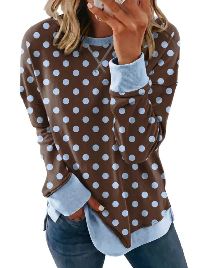 Women Leopard & Polka Dot Print Crew Neck Sweatshirt Loose Long Sleeve Casual Top