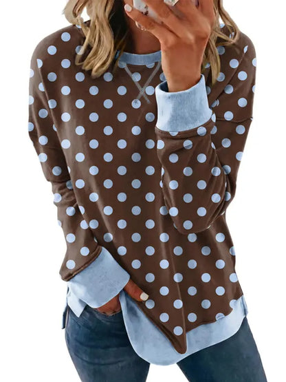 Women Leopard & Polka Dot Print Crew Neck Sweatshirt Loose Long Sleeve Casual Top