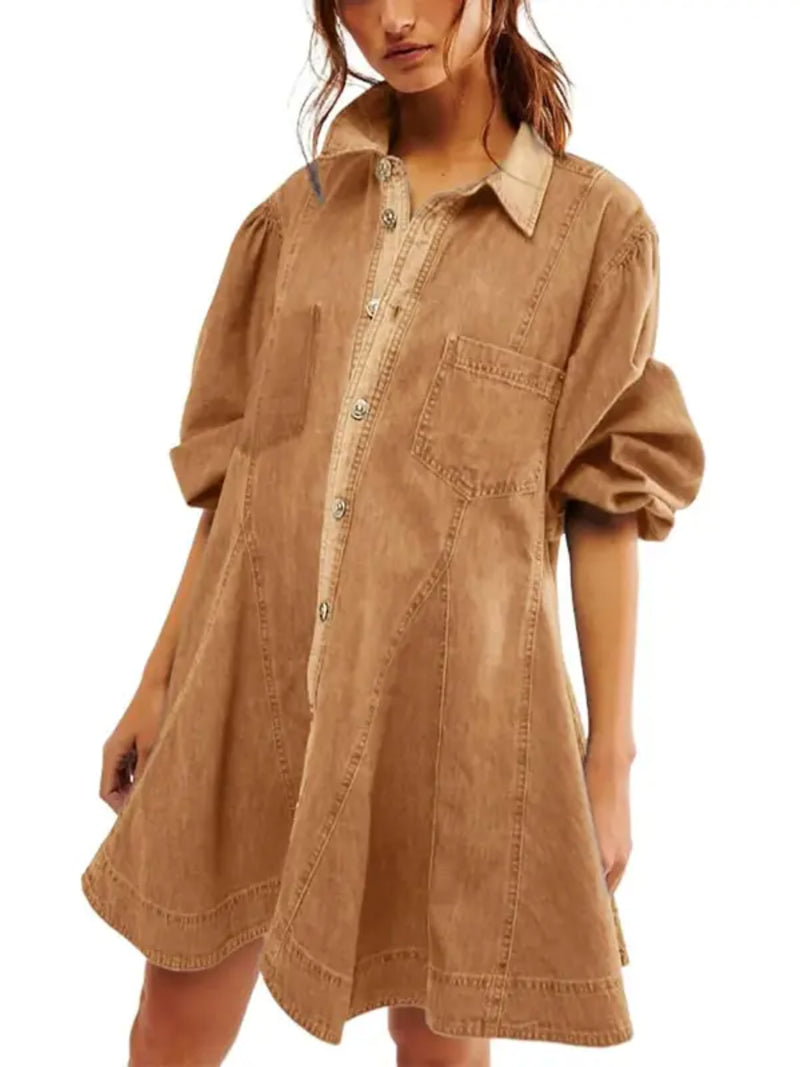Women Vintage Ruffle Hem Denim Dress With Pockets