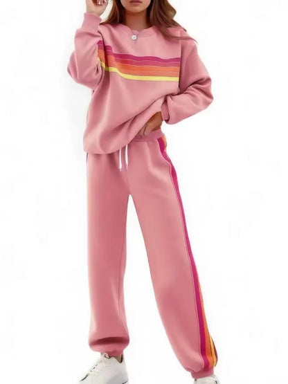 Women Retro Rainbow Stripe 2‑Piece Sweat Loungewear Set