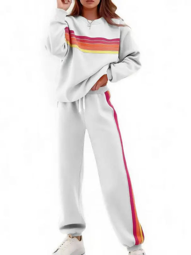 Women Retro Rainbow Stripe 2‑Piece Sweat Loungewear Set