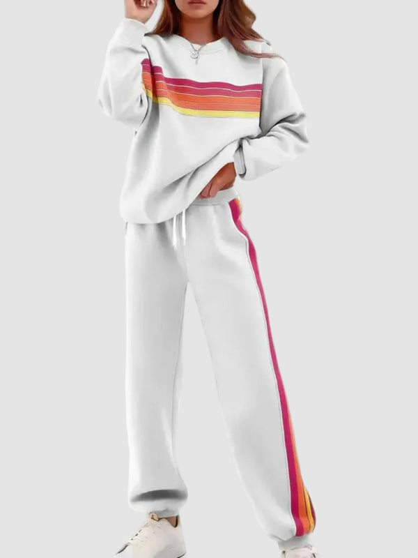 🎀Retro Rainbow Stripe Crew Neck Sweat Two Piece Set