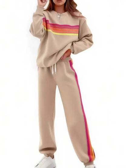 Women Retro Rainbow Stripe 2‑Piece Sweat Loungewear Set