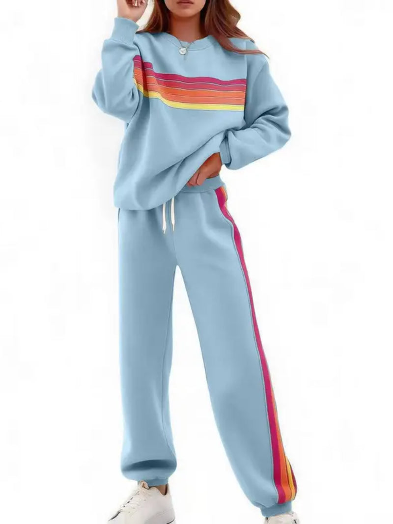 Women Retro Rainbow Stripe 2‑Piece Sweat Loungewear Set
