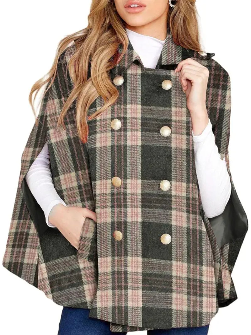 Women Plaid Double‑Breasted Cape Coat Turn‑Down Collar Poncho With Pockets