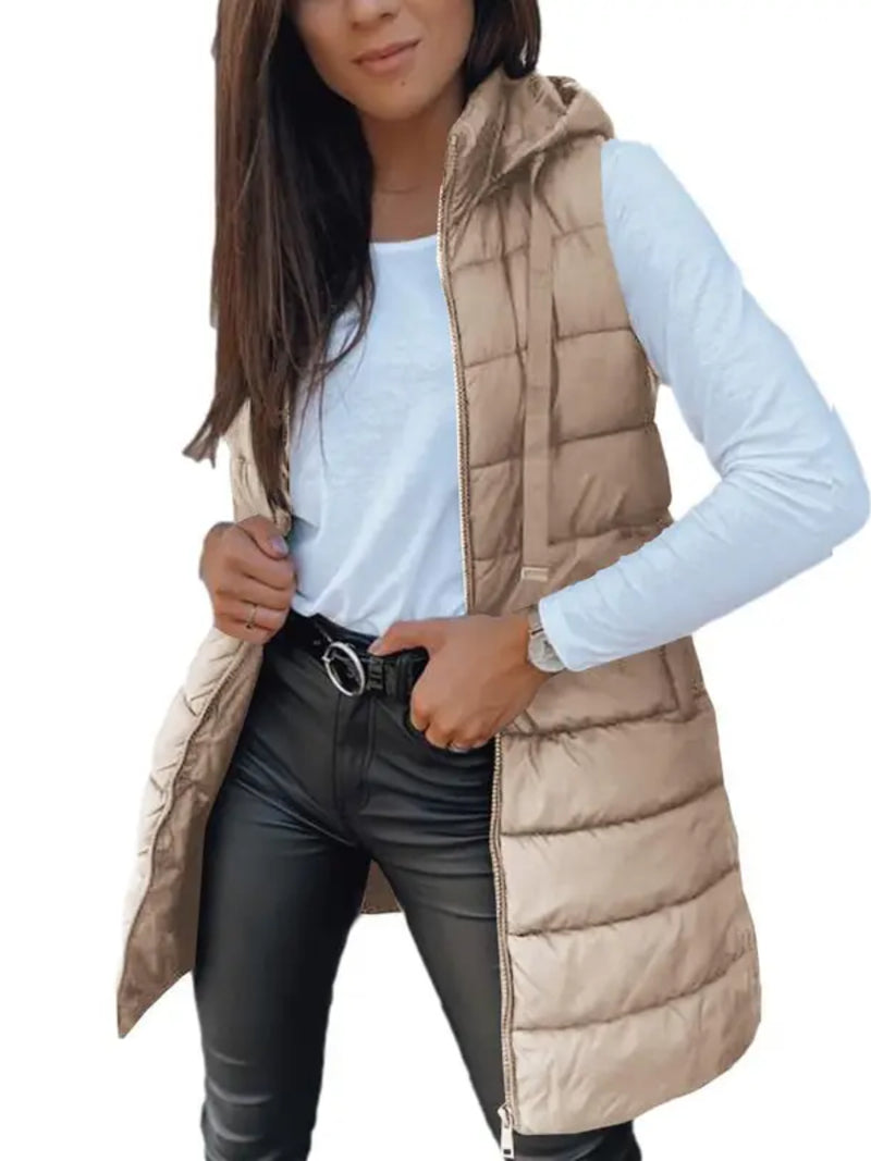 Women Solid Long Hooded Puffer Vest Side Slit Outerwear With Pockets