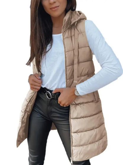 Women Solid Long Hooded Puffer Vest Side Slit Outerwear With Pockets