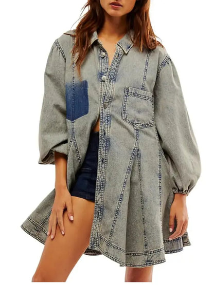 Women Vintage Ruffle Hem Denim Dress With Pockets