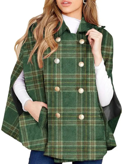 Women Plaid Double‑Breasted Cape Coat Turn‑Down Collar Poncho With Pockets