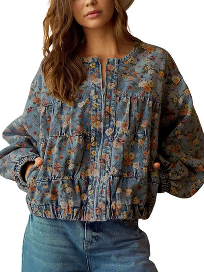 Women Y2K Floral Print Loose Zip Denim Short Jacket With Side Pockets