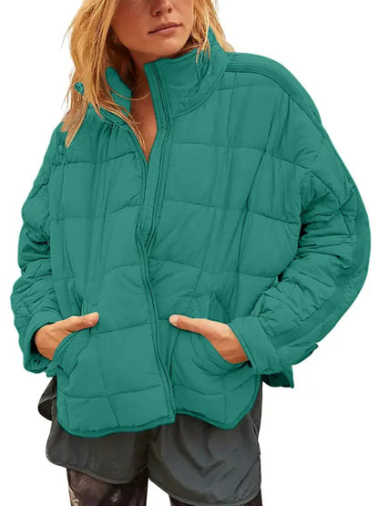 Women Lightweight Loose‑Fit Long‑Sleeve Zip Front Quilted Puffer Jacket