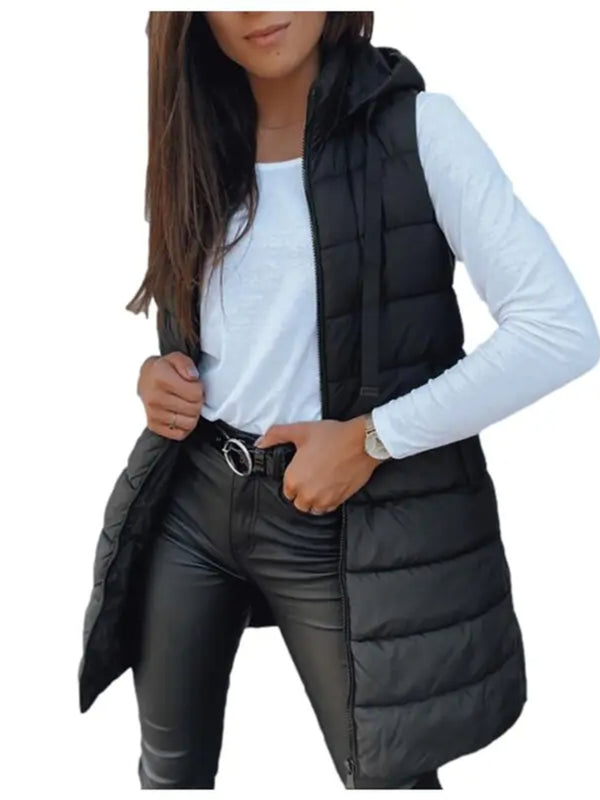 Women Solid Long Hooded Puffer Vest Side Slit Outerwear With Pockets