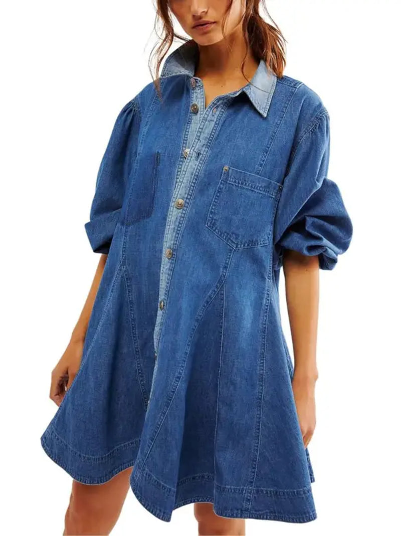 Women Vintage Ruffle Hem Denim Dress With Pockets