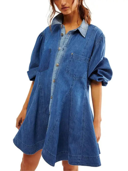 Women Vintage Ruffle Hem Denim Dress With Pockets
