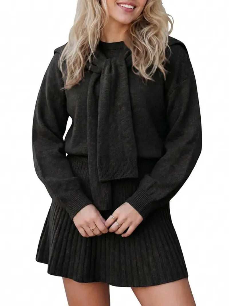 Women Tie‑Neck Sweater & Skirt Two‑Piece Set