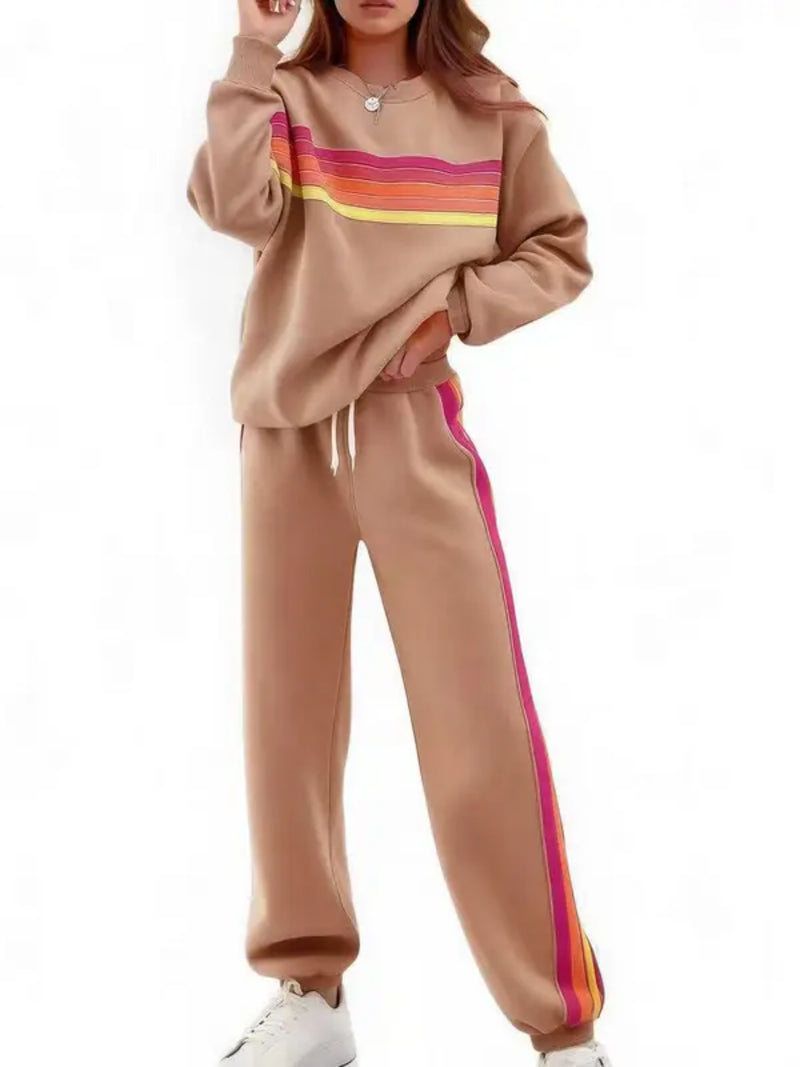 Women Retro Rainbow Stripe 2‑Piece Sweat Loungewear Set