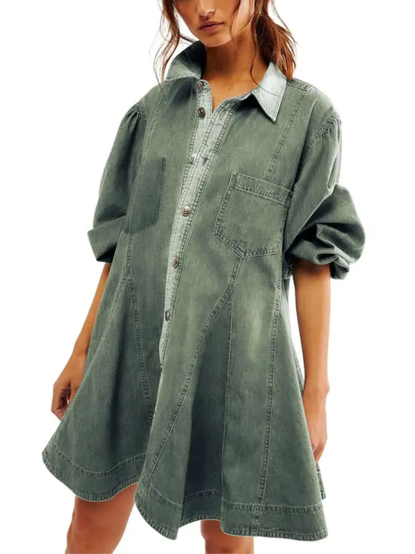 Women Vintage Ruffle Hem Denim Dress With Pockets