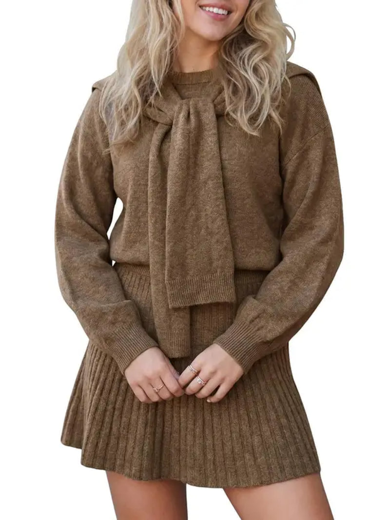 Women Tie‑Neck Sweater & Skirt Two‑Piece Set