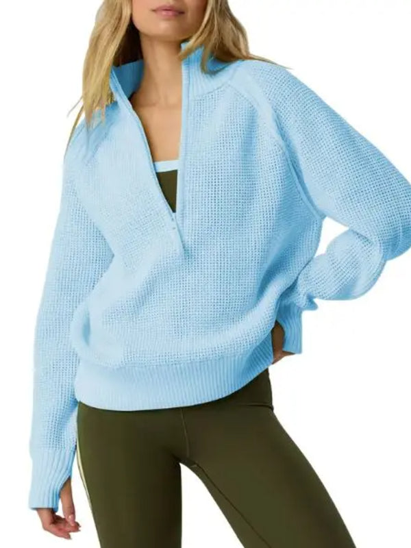 Women Quarter‑Zip Collared Waffle Texture Loose Long Sleeve Sweater