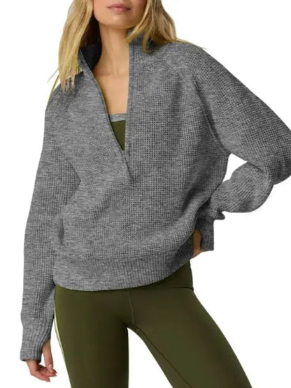 Women Quarter‑Zip Collared Waffle Texture Loose Long Sleeve Sweater