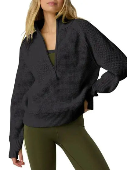 Women Quarter‑Zip Collared Waffle Texture Loose Long Sleeve Sweater