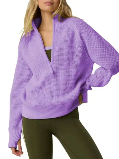 Women Quarter‑Zip Collared Waffle Texture Loose Long Sleeve Sweater